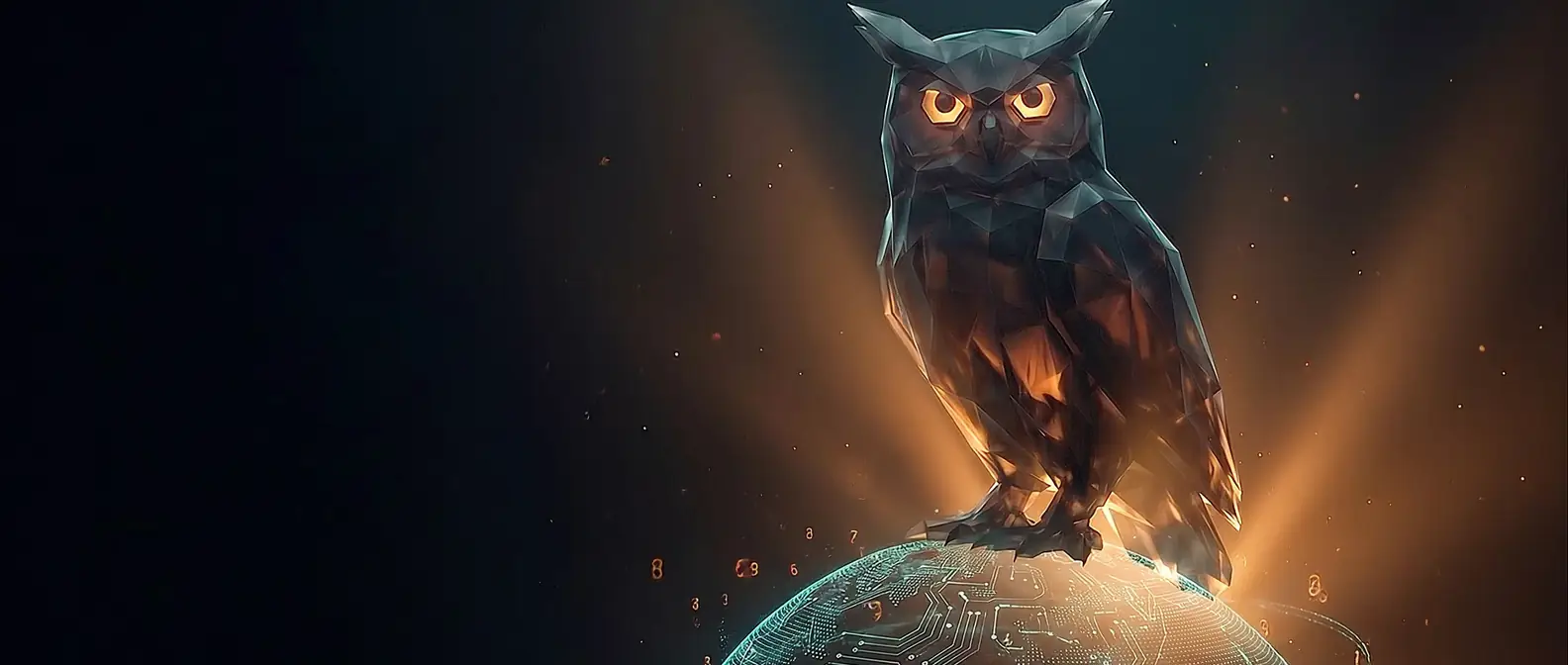 A crystalline owl perched on a glowing data globe, the AEO Hunt brand mark for AI-first marketing