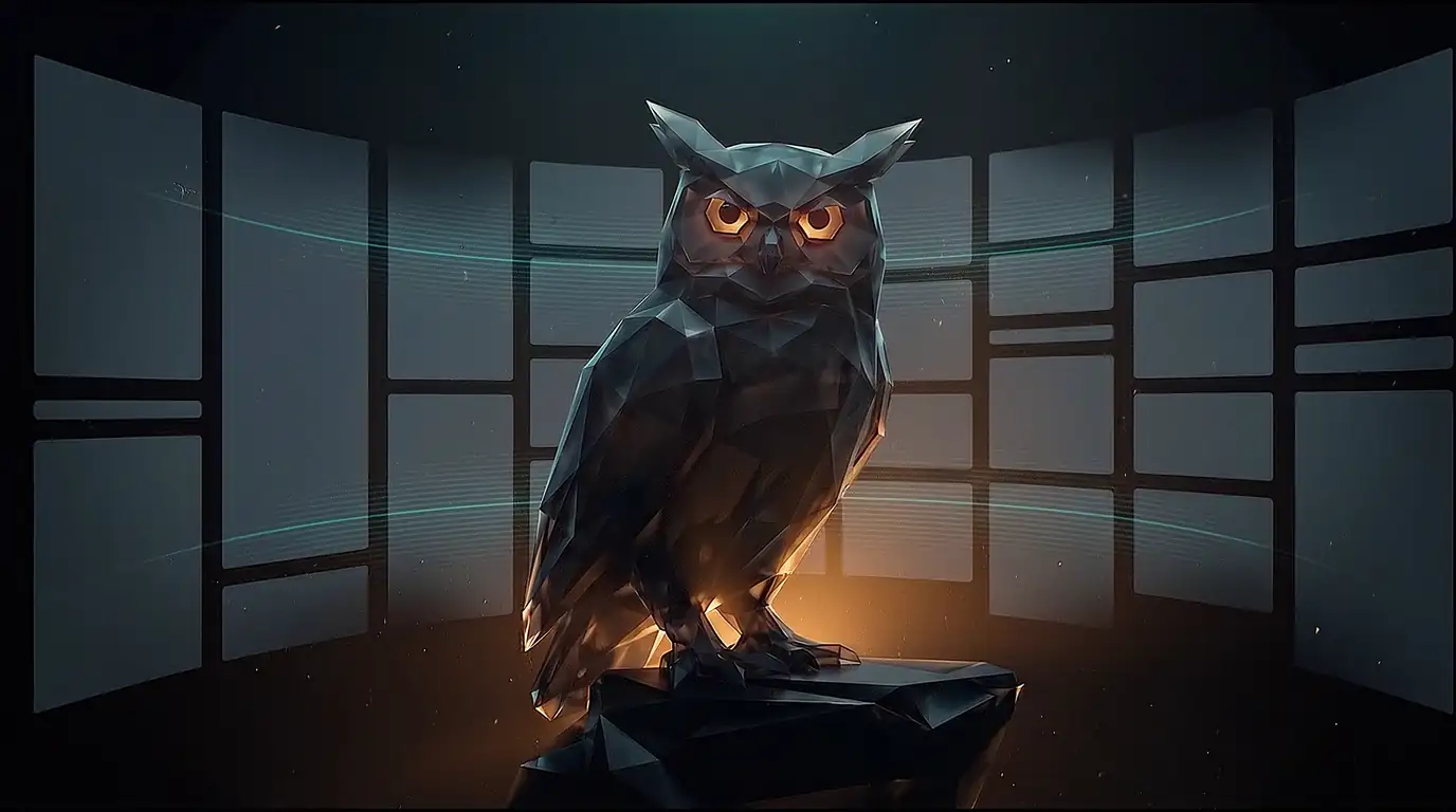 A crystalline owl presiding as search results resolve into AI answers